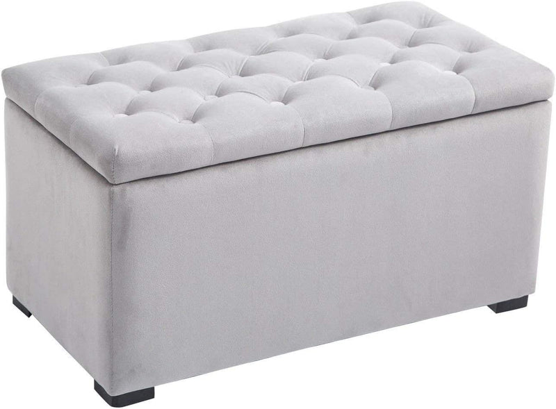 Cassapanca Portaoggetti Set Di 3 Pezzi Con 2 Sgabelli Pouf in Velluto, Grigio Perla