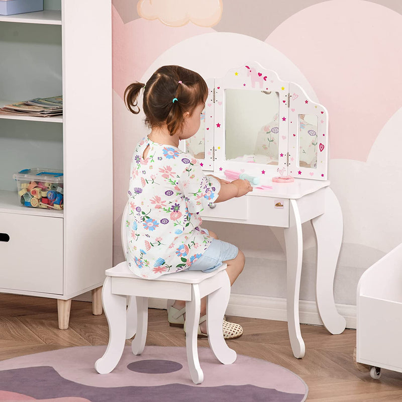 Kids Vanity Table & Stool Girls Dressing Set Make up Desk Chair Dresser Play Set with Rotatable Mirrors Drawer Star & Heart Pattern White