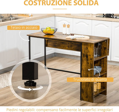 Bancone Bar Pieghevole in Stile Industriale Con Scaffale a 3 Ripiani, Tavolo Alto in Legno E Acciaio 120X76X91.4Cm