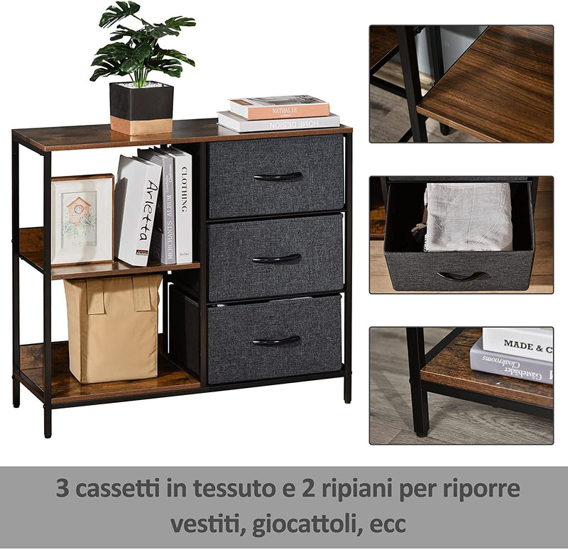 Mobile Cassettiera Multiuso Con 3 Cassetti Pieghevoli in Tessuto, Arredamento Soggiorno E Camera, 80X29X71Cm, Grigio Scuro