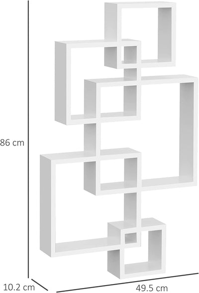 Scaffale Moderna a Parete Con 5 Cubi Intrecciati, per Ufficio, Soggiorno E Salotto, 49.5X10.2X86Cm, Bianco