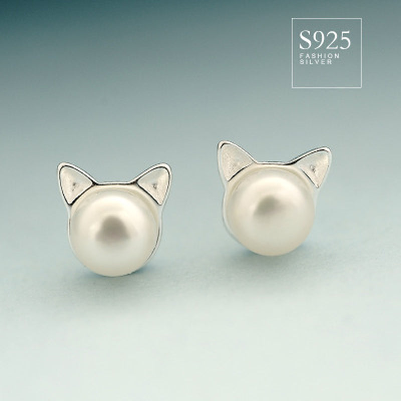 925 Sterling Silver Natural Freshwater Pearl Sprouting Cat Cat Ears Earrings