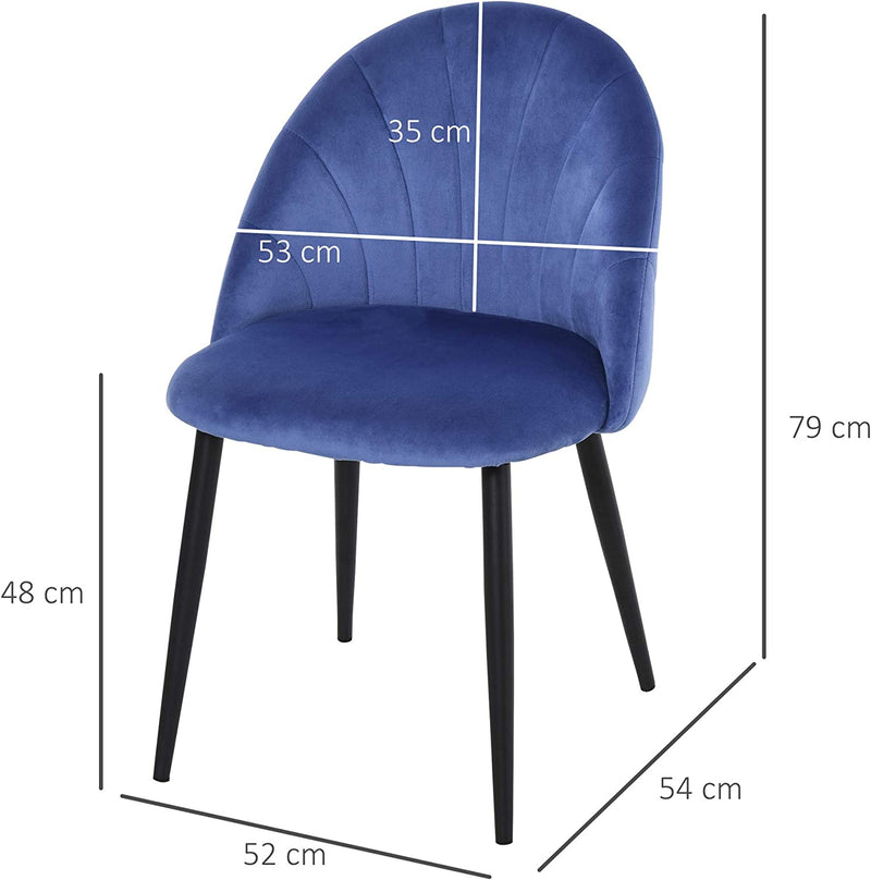 Set 2 Sedie Sala Da Pranzo E Soggiorno Imbottite, Design Nordico Ed Ergonomico in Metallo E Velluto Blu, 52X54X79 Cm