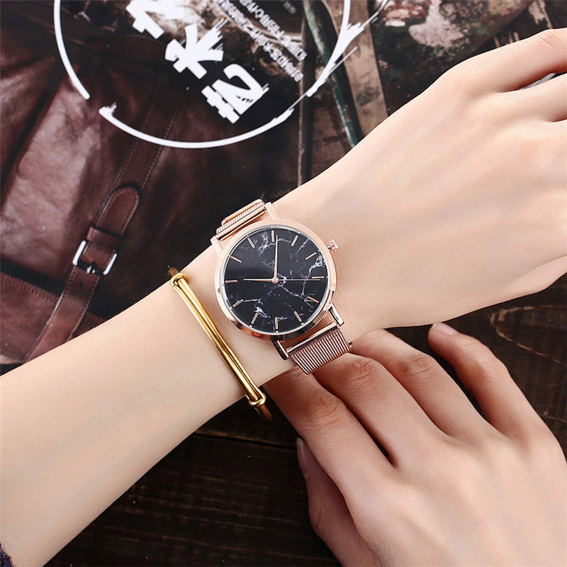 Vansvar Fashion Brand Silver and Gold Mesh Band Creative Marble Wristwatch Casual Women Quartz Watches Gift Relogio Feminino