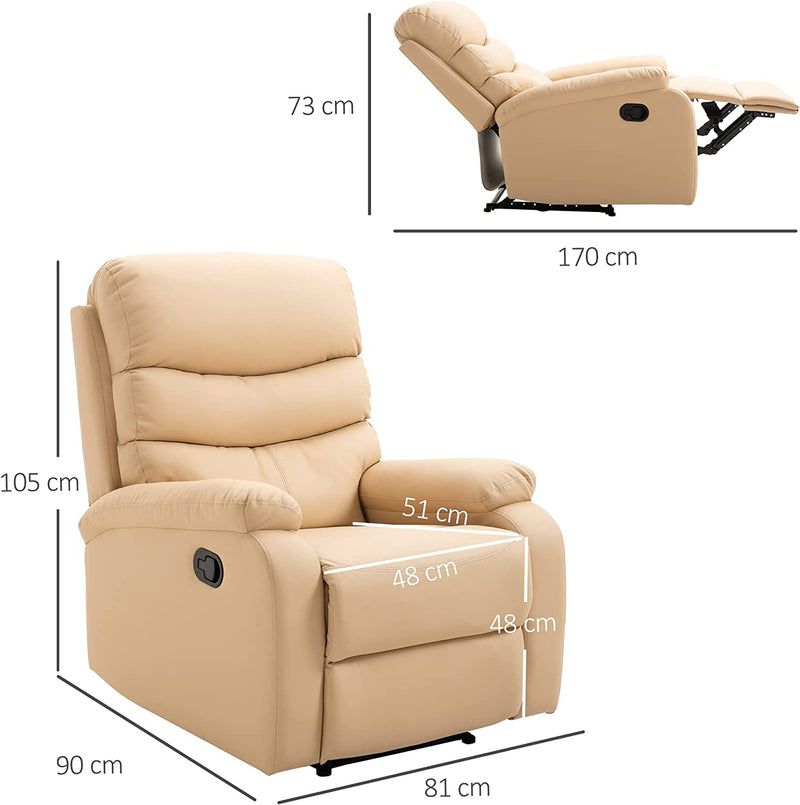 Poltrona Relax Reclinabile Con Con Finitura Elegante in Ecopelle E Imbottitura in Spugna Ad Alta Densità, 81X90X105Cm, Beige