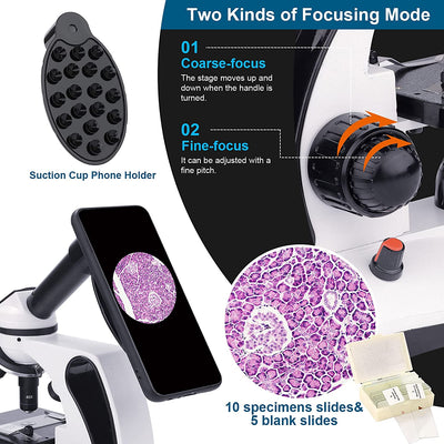 Microscopio Monoculare 40X-2000X per Studenti Adulti,Microscopio Professionale per Principianti Con Doppia Illuminazione a LED Con Kit,Lenti in Vetro Ottico,Custodia per Il Trasporto,15 Diapositive