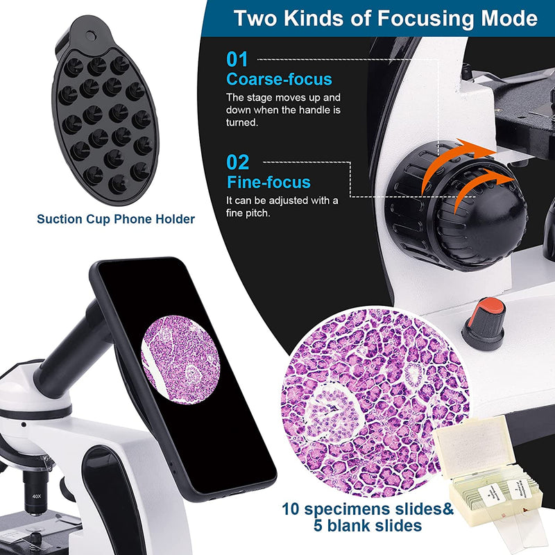 Microscopio Monoculare 40X-2000X per Studenti Adulti,Microscopio Professionale per Principianti Con Doppia Illuminazione a LED Con Kit,Lenti in Vetro Ottico,Custodia per Il Trasporto,15 Diapositive