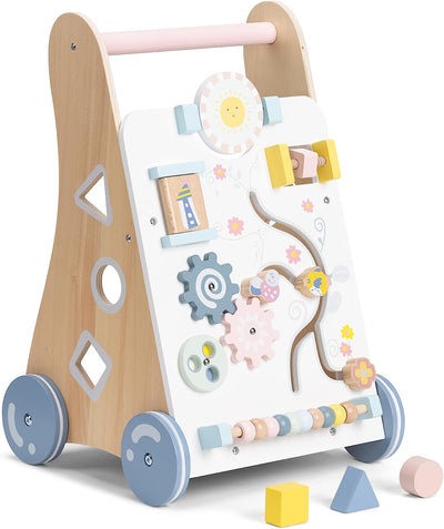 Girello Bambini Legno - Giocattolo 12 Mesi Primi Passi - Carrello Porta Giochi Bambino - Gioco Sviluppo Cognitivo Motorio Animali Bosco Beige