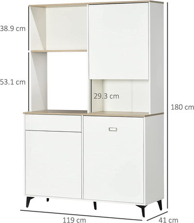 Dispensa Cucina in Truciolato E MDF Con Ripiani Aperti, Armadietti E Cassetto per Utensili Ed Elettrodomestici, 119X41X180 Cm, Bianco