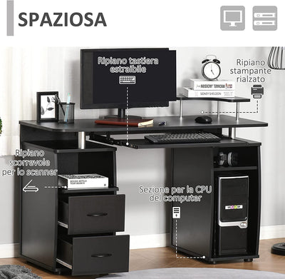 Scrivania per Computer Moderna Porta PC, Scrivania Da Ufficio in Legno Con Cassetti, Mensola Estraibile E Porta Tastiera, 120X55X85Cm, Nero