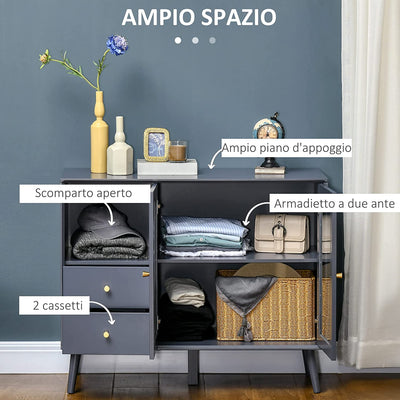 Armadietto Due Ante in Vetro Temperato, Mobiletto Multiuso Con 2 Cassetti, Spazio Aperto E Piano D'Appoggio, in MDF E Legno, 95.5X40X78Cm, Grigio