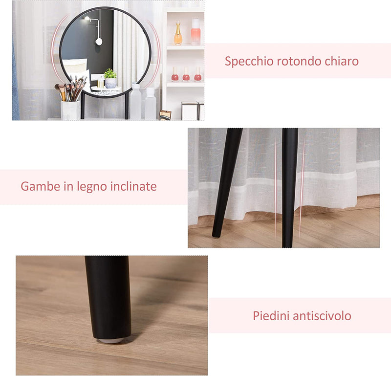 Set Tavolo per Trucco Con Sgabello E Specchiera, Toeletta Con 2 Cassetti E 3 Mensole in Legno, Bianco E Nero