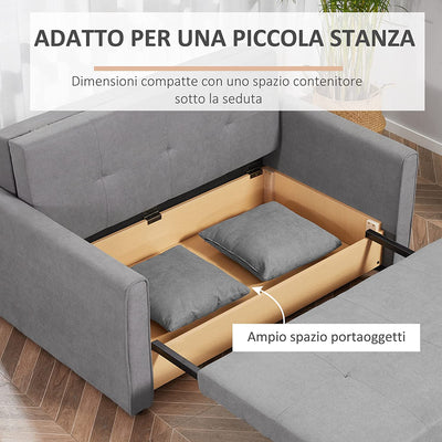 Divano Letto 2 Posti Con Vano Contenitore per Salotto, Soggiorno E Camera, Design 2 in 1, in Policotone E Gommapiuma, Grigio