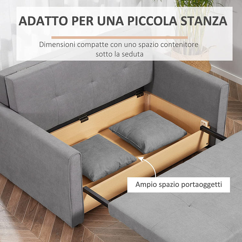 Divano Letto 2 Posti Con Vano Contenitore per Salotto, Soggiorno E Camera, Design 2 in 1, in Policotone E Gommapiuma, Grigio