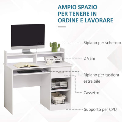 Scrivania Compatta per Computer Fisso PC in Legno Bianco Con Ripiano Tastiera Estraibile E Mensole 104X48X95.5Cm