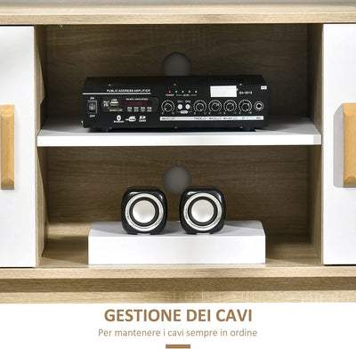 Mobile TV Moderno Con Armadietti E Vani Aperti, Mobiletto Basso in Legno per TV Fino 55", 120X40X55Cm, Legno Naturale E Bianco