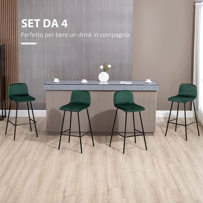 Set 4 Sgabelli Alti Con Poggiapiedi per Cucina E Bar, in Poliestere Vellutato, Acciaio E Gommapiuma, 40X45.5X94 Cm, Verde E Nero