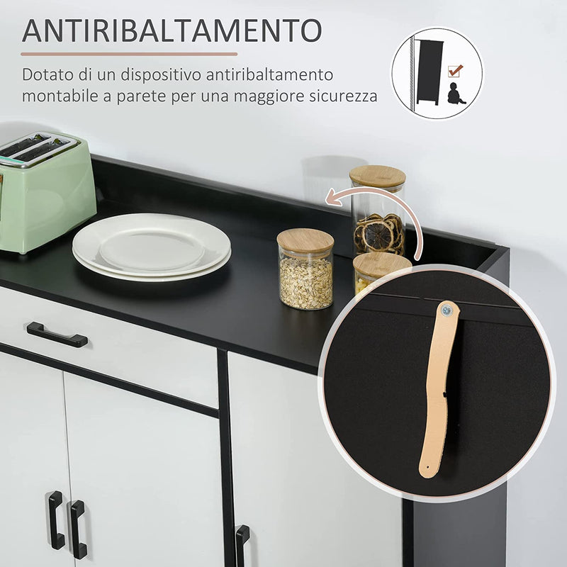 Mobiletto Da Cucina Moderno in MDF Con 2 Armadietti, 1 Cassetto E Ripiani Regolabili, 90X40X90 Cm, Bianco E Nero