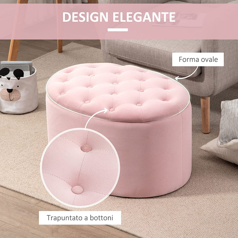 Pouf Contenitore Con Coperchio Imbottito E Trapuntato, Poggiapiedi in Velluto Ovale per Salotto E Camera Da Letto, Rosa