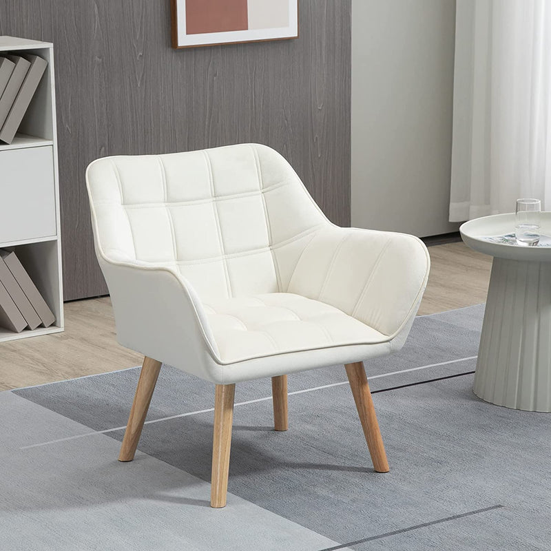 Poltrona Design Scandinava in Legno E Simil Velluto Color Crema, per Soggiorno O Ufficio, 64X61X72.5Cm