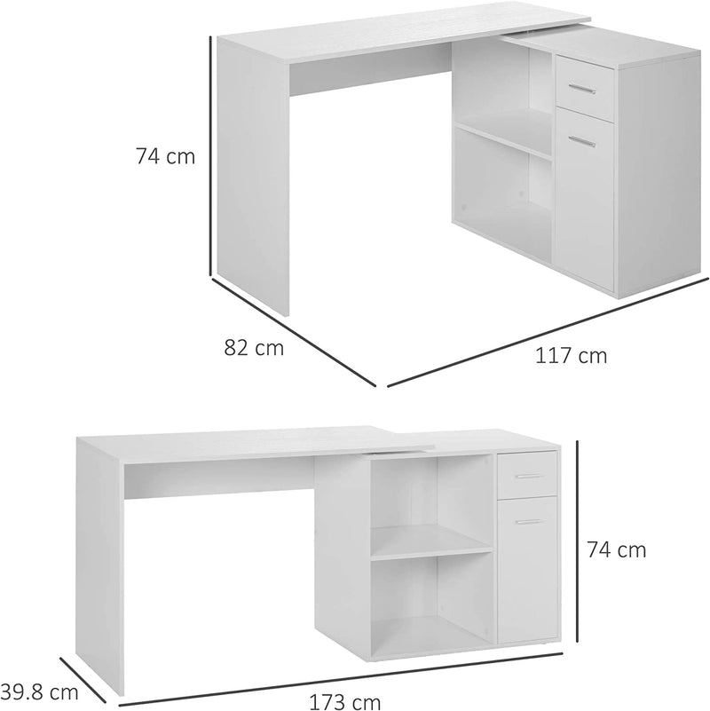 Scrivania Angolare Con Libreria Scaffale in Legno Bianco, Tavolo Da Pranzo per Computer Con Rotazione a 180°, 173X39.8X74 Cm