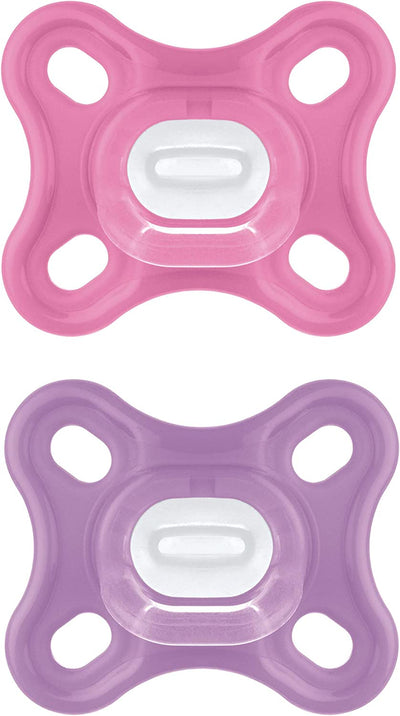 Istruzioni in Lingua Straniera  Ciuccio Comfort in Set Da 2 Pezzi, Particolarmente Piccolo E Leggero, in 100% Silicone, Con Tettarella Morbida Skinsoft E Scatola per Ciuccio, 0 Mesi, Rosa/Viola