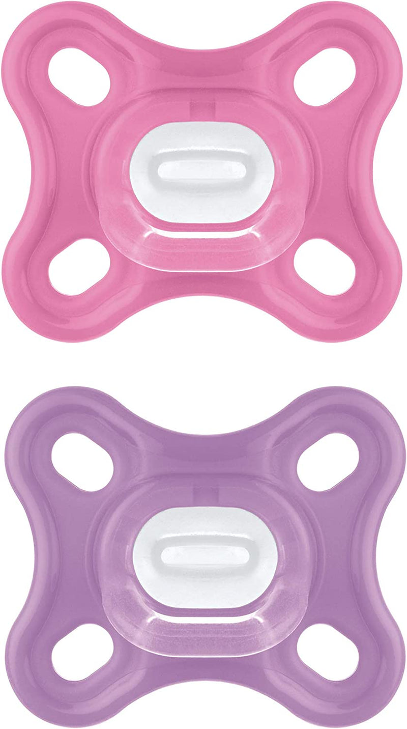 Istruzioni in Lingua Straniera  Ciuccio Comfort in Set Da 2 Pezzi, Particolarmente Piccolo E Leggero, in 100% Silicone, Con Tettarella Morbida Skinsoft E Scatola per Ciuccio, 0 Mesi, Rosa/Viola