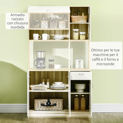 Mobile Buffet a 4 Porte per Cucina Con 3 Armadietti, Cassetto, Pensile E Piano D'Appoggio in Truciolato, 102X48X180Cm, Bianco E Color Legno