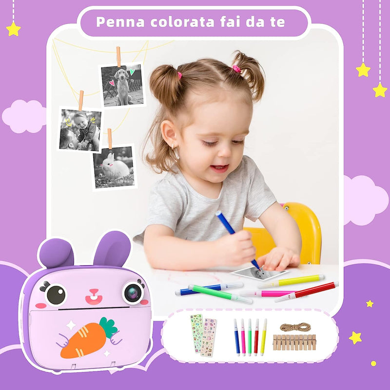 Camera Istantanea per Bambini, Con 3 Rotoli Di Carta Termica E Scheda SD Da 32 G, Fotocamera Fotografica Istantanea, Regalo per Ragazze E Ragazzi (Viola)