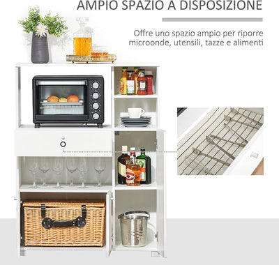 Mobile Cucina per Microonde Con Armadietti, Mensole E Cassetto, Credenza Moderna in Legno 90X40X120Cm Bianco