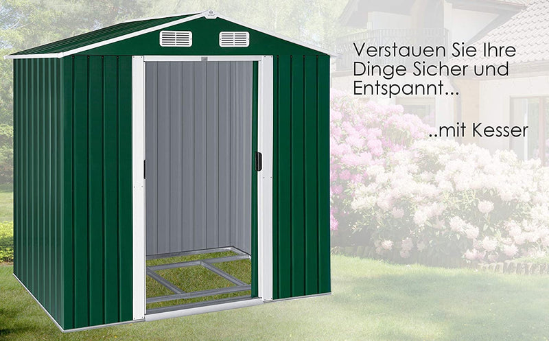 ® - Casetta XL in Metallo 4,2 M³| 210 X 132 X 186 Cm | 2 Porte Scorrevoli E Fondazione | Capanno per Attrezzi | Armadio Da Giardino | Tetto a Due Falde Verde