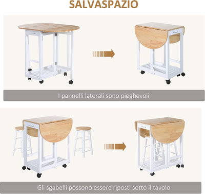 Set 3 Pezzi Con Tavolo Pieghevole E 2 Sgabelli, Carrello Da Cucina Salvaspazio Con 6 Ruote, Bianco E Legno