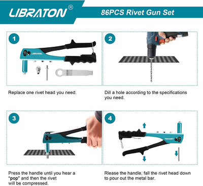 Rivettatrice Manuale 80 Pezzi Rivetti Con 4 HSS Teste Intercambiabili, Rivettatrice Professionale per Automobili, Ferrovie, Mobili, Strumenti