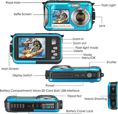 Macchina Fotografica Subcquea, Full HD 2.7K 48MP Fotocamera Subacquea Digitale Zoom Digitale 16X Macchina Fotografica Subacquea Bambini Doppio Schermo