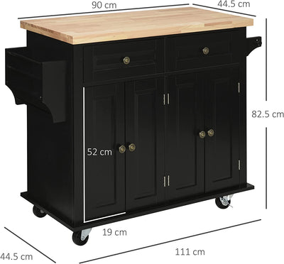 Carrello Da Cucina Portavivande Con Cassetti, Armadietti, Portaspezie E 4 Ruote, in Legno E MDF, 111X44.5X82.5 Cm, Nero