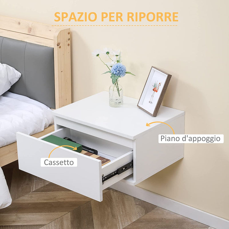 Set 2 Pz Comodino Moderno Con Cassetto E Design Sospeso per Camera Da Letto E Soggiorno, in Truciolato E MDF, 49X38X23Cm, Bianco