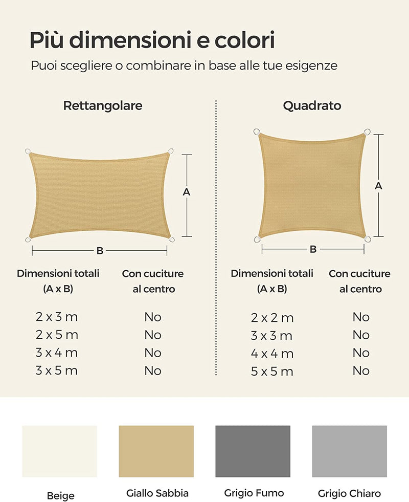 Vela Parasole 3 X 5 M, Tenda Da Sole in Tessuto HDPE, Permeabile All&