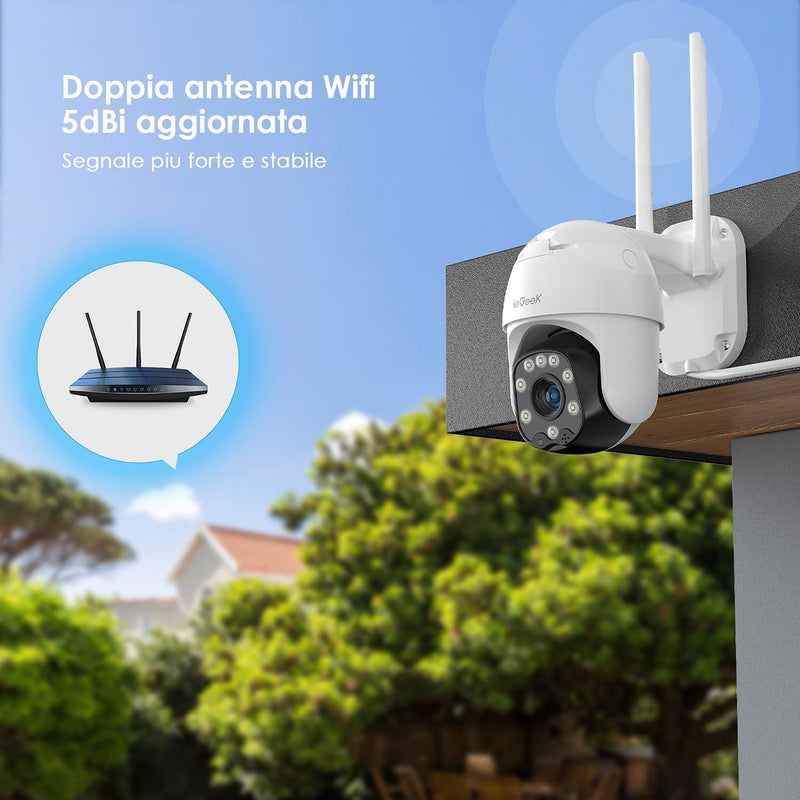 Telecamera Wi-Fi Esterno 360° PTZ Wifi Videocamera Sorveglianza Con 1080P Visione Notturna a Colori, Tracciamento Automatico, IP66 Impermeabile, Rilevamento Del Movimento, Audio Bidirezionale…