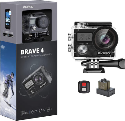 Brave 4 Action Cam - Fotocamera Subacquea 4K 20MP Con Stabilizzatore EIS, Zoom 5X E Telecomando 2.4G, Videocamera Subacquea Impermeabile Con Kit Di Accessori E 2 Batterie