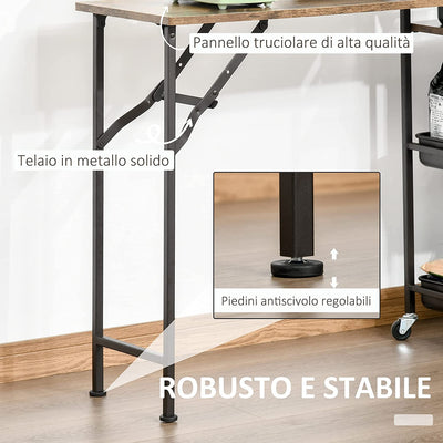 Carrello Da Cucina Stile Industriale 3 Mensole E Ripiano Pieghevole, Porta Tazze E 4 Ruote, 118X36.5X82Cm, Marrone