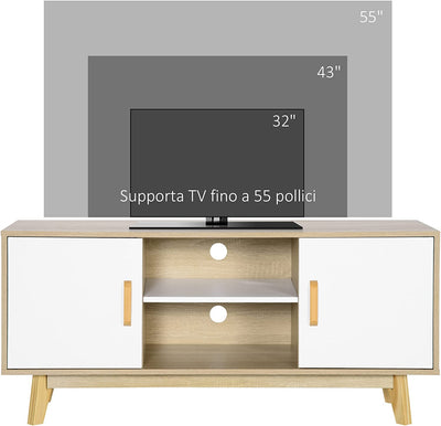 Mobile TV Moderno Con Armadietti E Vani Aperti, Mobiletto Basso in Legno per TV Fino 55", 120X40X55Cm, Legno Naturale E Bianco