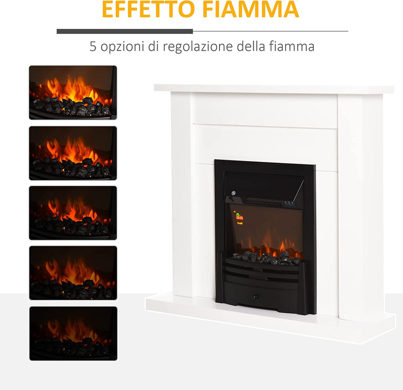 Camino Elettrico 1000W E 2000W, Effetto Fiamma Con LED a 5 Livelli Telecomando Vetro Temperato Bianco 102X30X95Cm