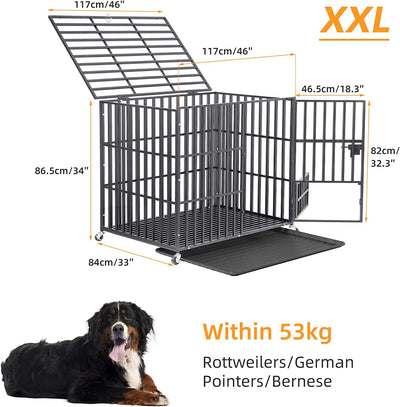 Resistente Gabbia per Cani: XXL Kennel Cane Grande Media Anti-Morso Gabbia per Cani in Metallo Con Ruote Interno Box per Cani Indistruttibile Con 2 Chiavistelli 117X84X 86,5Cm