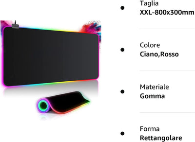 Tappetino Mouse Gaming RGB Gioco XXL per Gamers PC Extra Grande 800 * 300Mm*40Mm Mousepad Antiscivolo Impermeabile per Computer E Laptop - 14 Modalità Luce