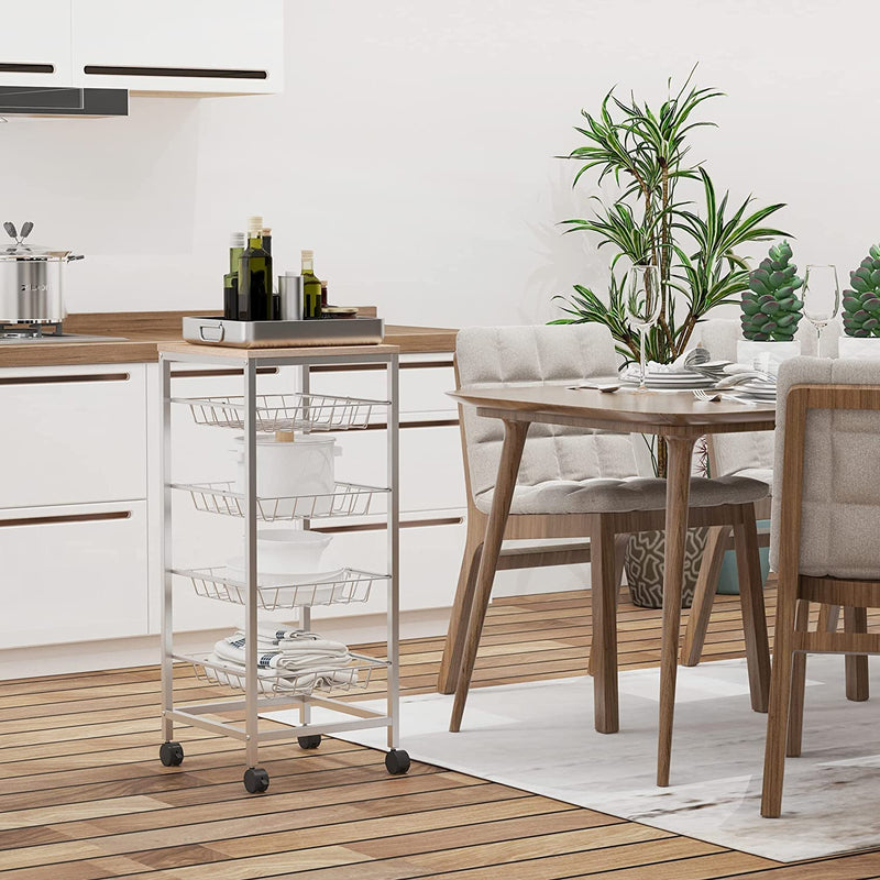 Carrello Cucina Salvaspazio Ruote 4 Cesti Acciaio Legno 36.5 × 36.5 × 89Cm