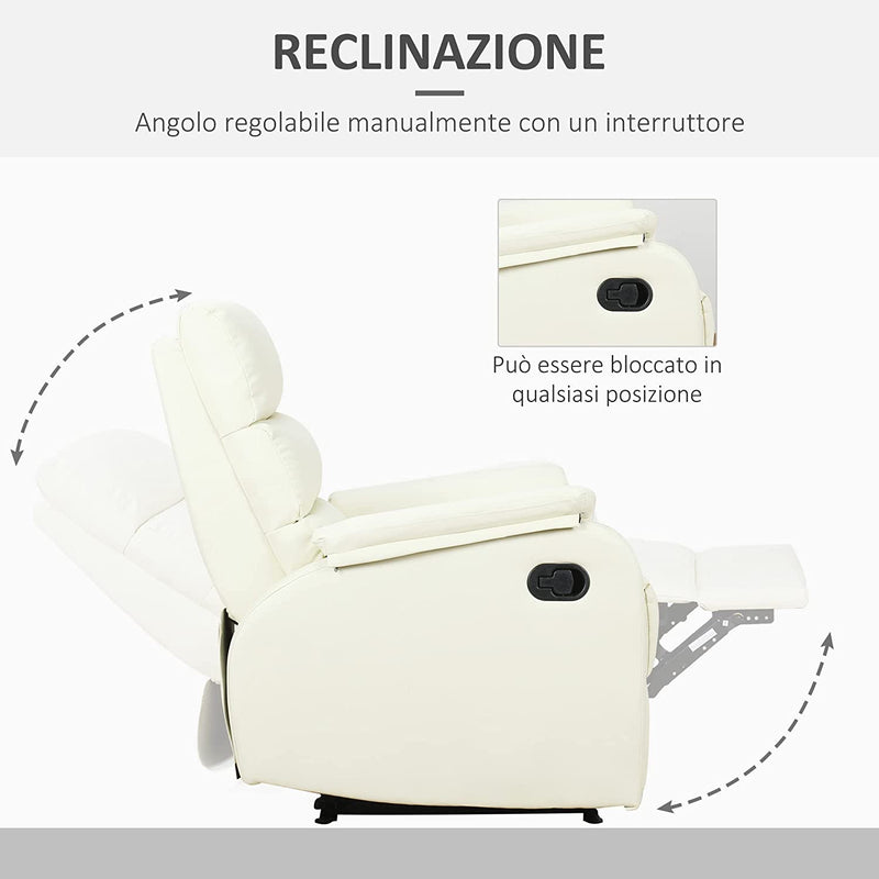 Poltrona Relax per Interni, Reclinabile Manualmente Con Cuscino Imbottito, in Similpelle E Acciaio, 75X82X99 Cm, Crema