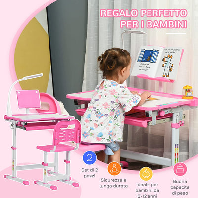 Banco Scuola Con Sedia per Bambini 6-12 Anni Altezza Regolabile, Piano Inclinabile a 45° E Lampada LED, Acciaio E MDF, Rosa