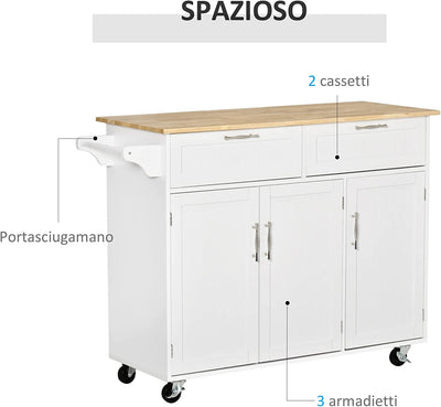 Carrello Da Cucina Multiuso Con 2 Cassetti, 3 Antine E 4 Ruote, in Legno E MDF, 121X46X91Cm, Bianco