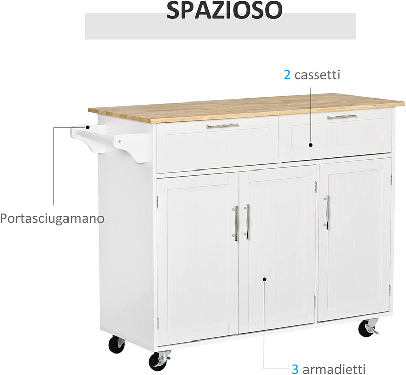 Carrello Da Cucina Multiuso Con 2 Cassetti, 3 Antine E 4 Ruote, in Legno E MDF, 121X46X91Cm, Bianco