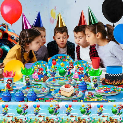 Stoviglie Super Mario Compleanno, 161Pcs Kit Compleanno Super Mario Includere Piatti Super Mario Compleanno Tovagliolo Bicchieri Tovaglia Etc Forniture per Decorazioni Compleanno Super Mario